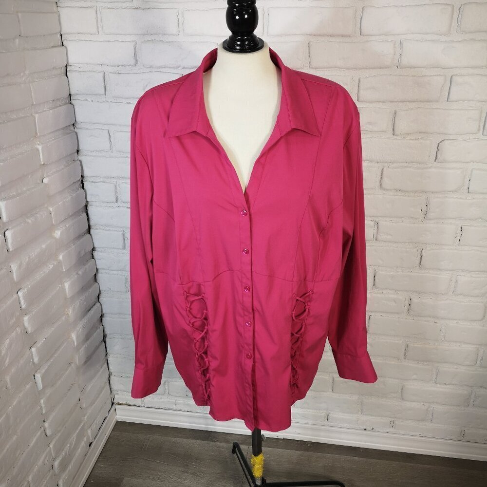Penningtons Ladies Size 22 Dark Pink Button Front V-neck Long Sleeves Blouse